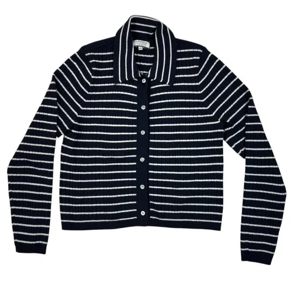 Bagatelle Collection Ribbed Striped Cardigan L Navy Blue Coastal Grandma Preppy - Picture 1 of 7